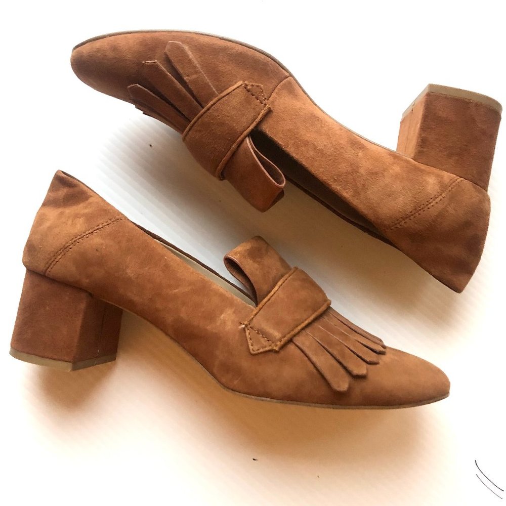 Women Mango penny loafers fringed suede cognac stock heeled square toe sz 8